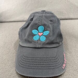 Life Is Good Hat Baseball Cap Gray Blue Pink Daisy Flower Distressed Strapback